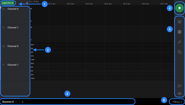 Guia da interface do Logic 2: imagem anotada da documentação oficial