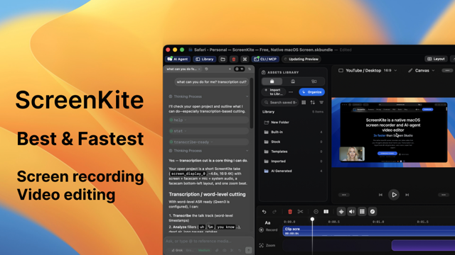 Official promotional preview with a cropped macOS editor, AI chat and timeline.