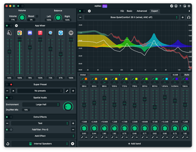 Official historical eqMac Pro interface showing application mixing and headphone equalization; version unspecified.