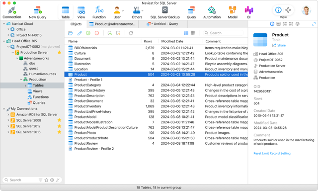 Navicat for SQL Server Mac版 — メイン画面の公式例
