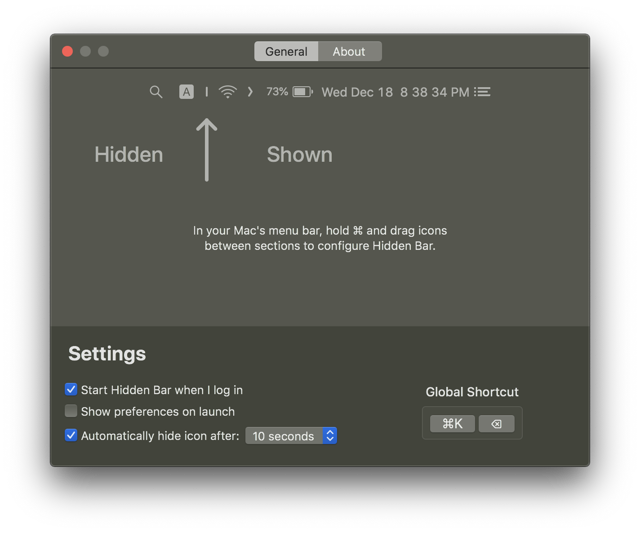Historical official Hidden Bar 1.4-era Mac preferences example; not current 1.11.1 or macOS 27 behavior.