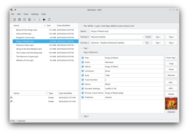 Official KDE Kid3 screenshot of the tag editor; not verified as the latest macOS build.
