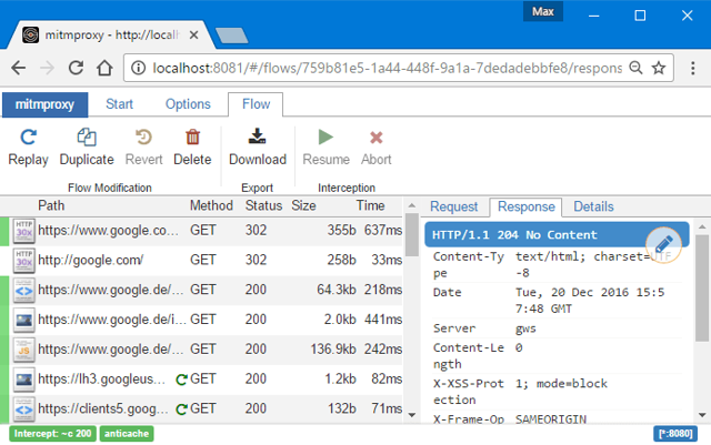 Exemplo histórico oficial do mitmweb em um navegador Windows, mostrando fluxos e inspeção de respostas; não é a interface atual do Mac.