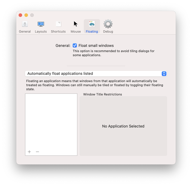 macOS のフローティングウィンドウ設定