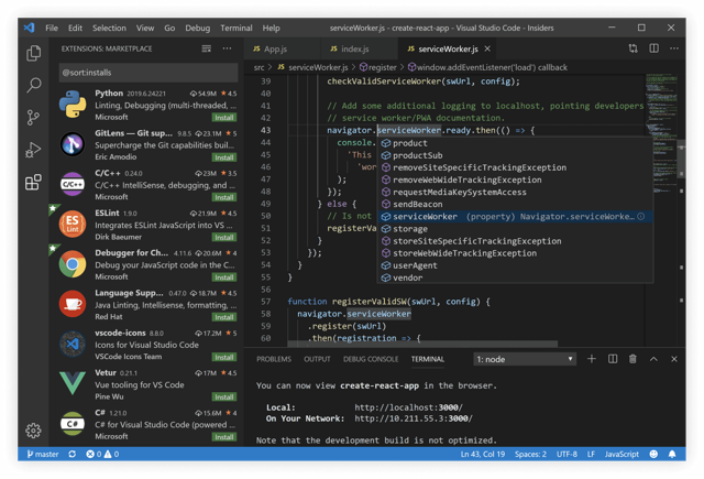 Captura de pantalla oficial histórica del editor VS Code Insiders para Windows; no corresponde a la versión actual para Mac.