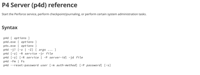 p4d server command syntax — official command reference screenshot