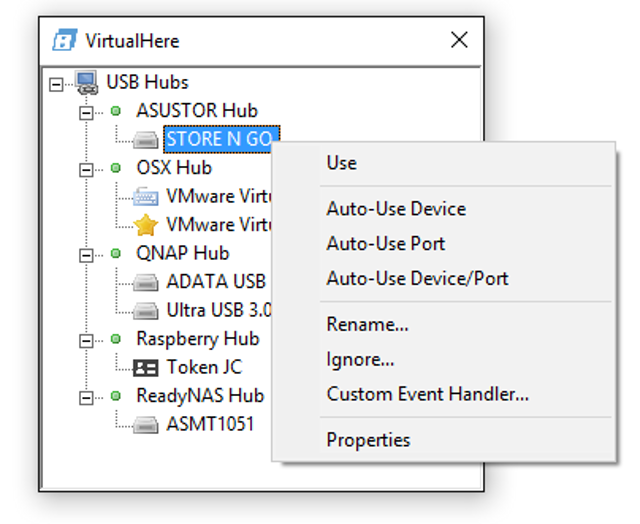 Official VirtualHere interface on Windows.