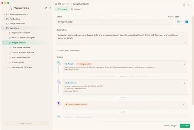 Msty Studio for Mac — official Turnstiles workflow editor example