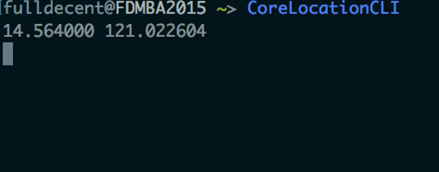 Genuine frame 5 from the official historical CoreLocationCLI terminal GIF; not a GUI; exact version unknown.