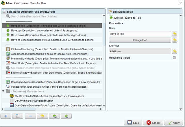 Официальный исторический снимок экрана настроек персонализации меню JDownloader для Windows от службы поддержки издателя; сборка не указана.