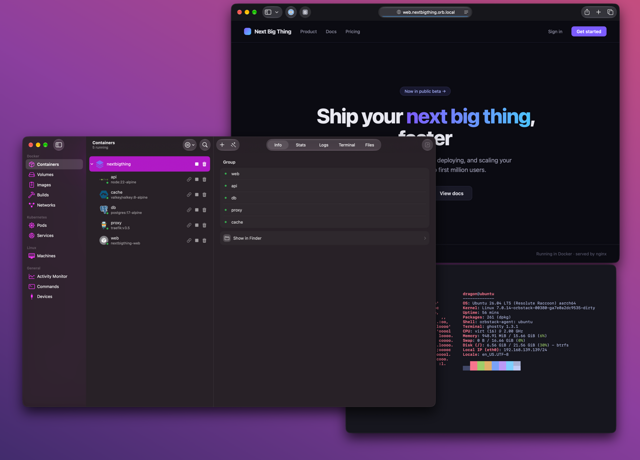 Official product illustration: Compose containers, a local orb.local web app, and a Linux machine terminal.