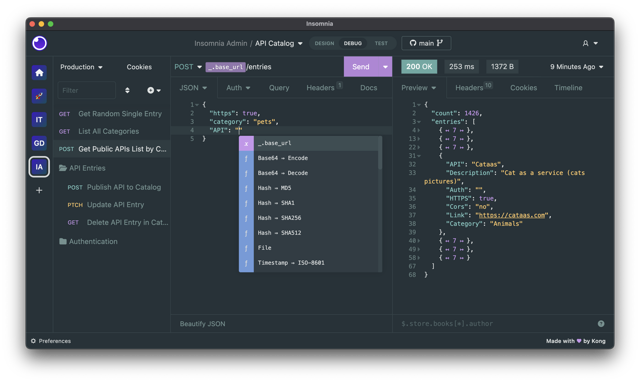Official tagged Insomnia API request and response interface; screenshot precise capture build unspecified.