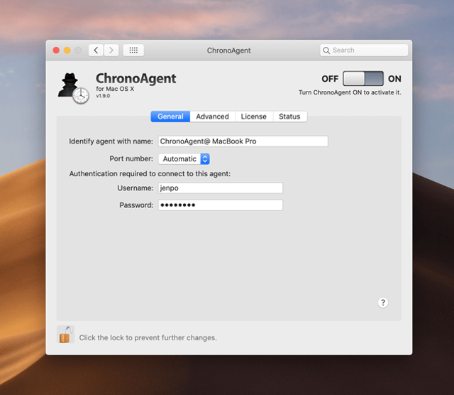 Official historical ChronoAgent 1.9.0 Mac general-settings preview.