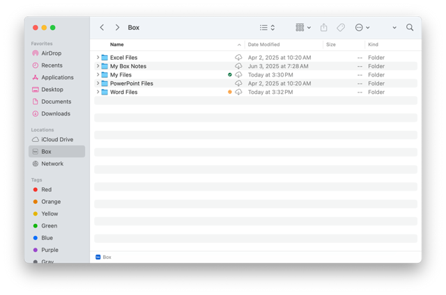 Official macOS Finder view of Box folders and file status icons.