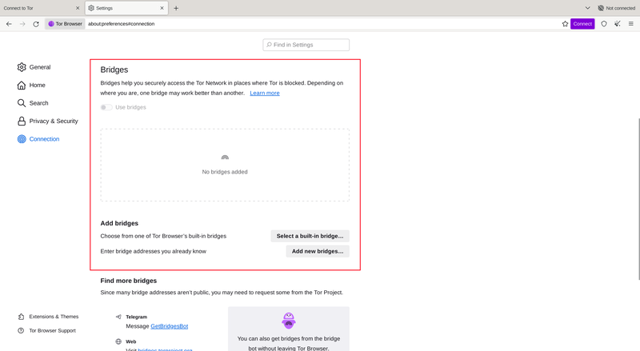 Bridge configuration interface shown in the official Tor Browser first-launch guide (annotated example)