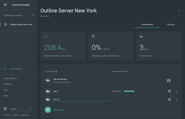 Server and access key management — official interface example
