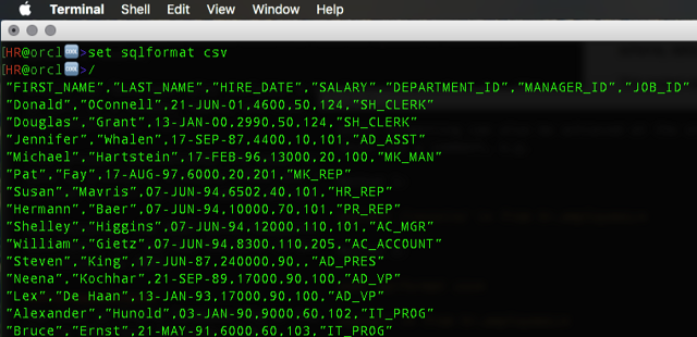 Official historical SQLcl Mac Terminal example using SQLFORMAT CSV; exact SQLcl build unspecified.