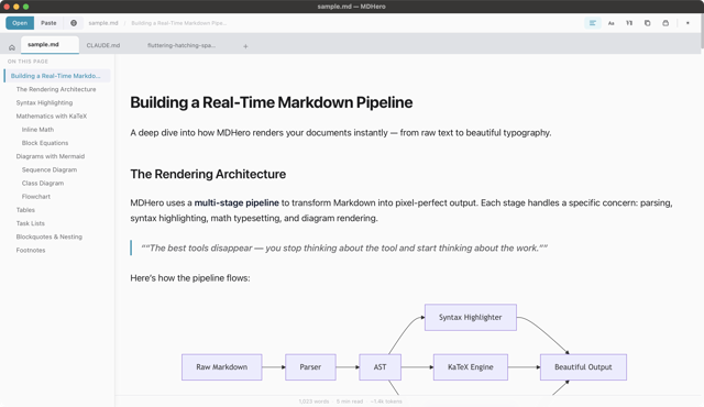 Official tagged MDHero README showing its Markdown reader and diagram; documentation image, not latest-build verified.