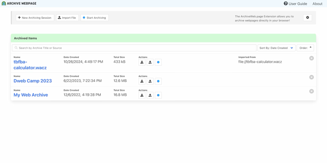 Official browser-extension preview of the archive list and capture/import controls.