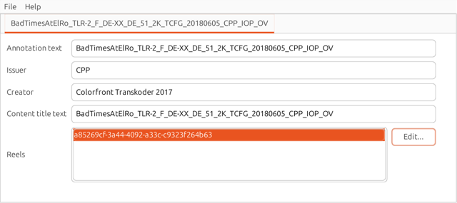 DCPメタデータのフィールドとリール一覧を示す公式マニュアルの画面。