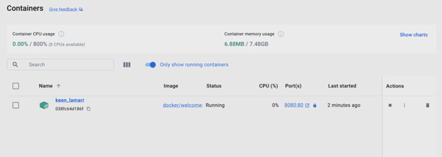 Docker 官方文档示例：包含状态、端口、资源使用情况和生命周期操作的容器仪表板。