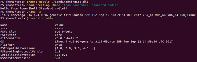 公式の歴史的な Linux PowerShell 6 ベータの例：モジュールをインポートしてバージョンを確認します。現在の Mac プレビューではありません。