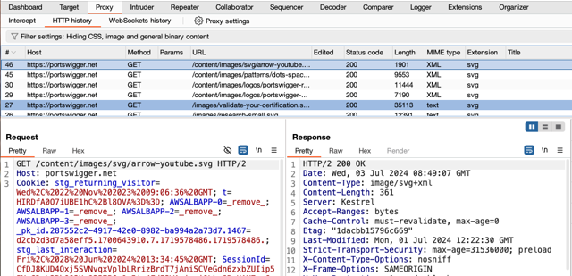 官方教程中的 Proxy HTTP 历史及示例请求、响应面板局部图。