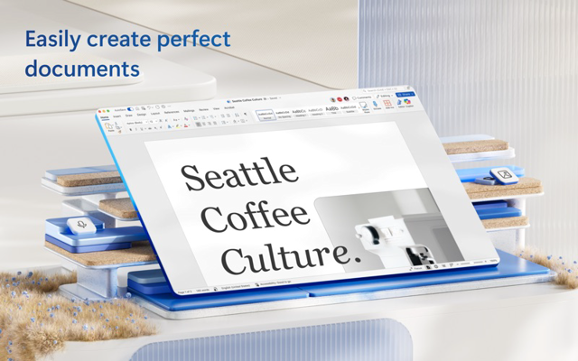 Imagem promocional oficial da Microsoft Mac App Store mostrando o layout de documento do Word; os recursos dependem da licença.