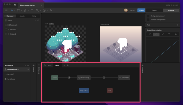 Rive for Mac — official historical state-machine editor example (Beta 0.8.3105)