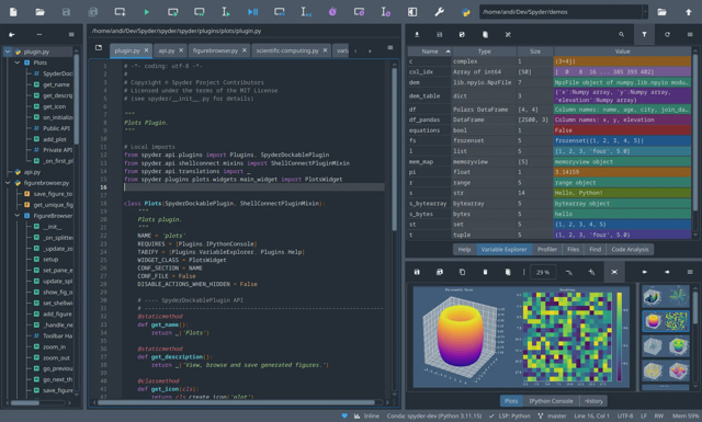 Spyder — official editor, variable explorer and plots example