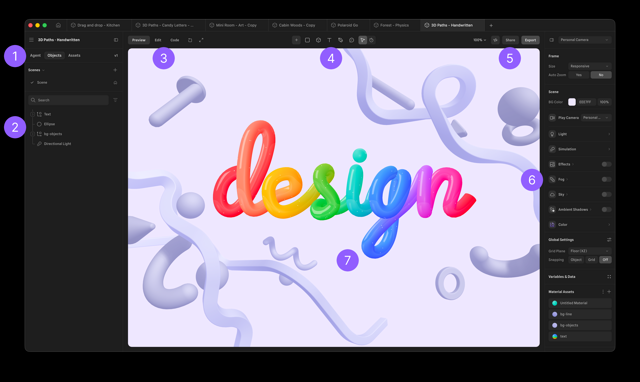 3D editor on macOS — annotated screenshot from official Spline UI documentation
