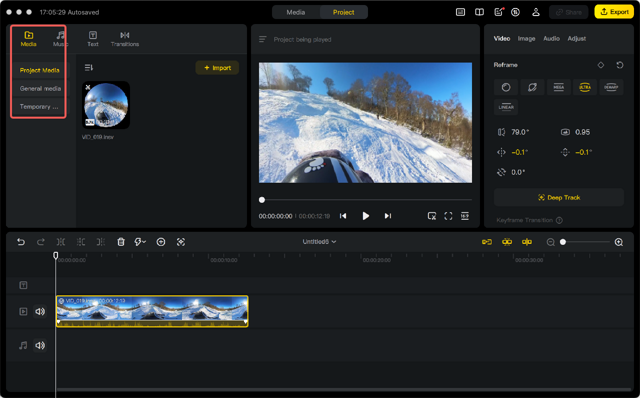 Insta360 Studio: official Project page guide, annotated editor with sample snow footage and timeline