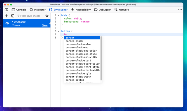 Firefox macOS 样式编辑器的 CSS 自动补全（Mozilla 官方共享开发者工具指南示例）