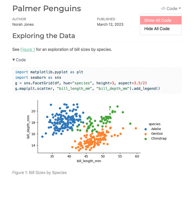 Official historical Palmer Penguins HTML output with code folding and a plot; not a standalone Mac editor UI.