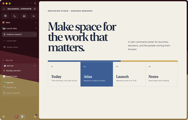 Workスペースのサイドバーと調査ページの例を示す公式Macプレビュー。