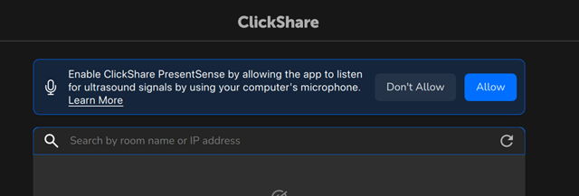 ClickShare PresentSense prompt and room search: app excerpt from the official macOS guide