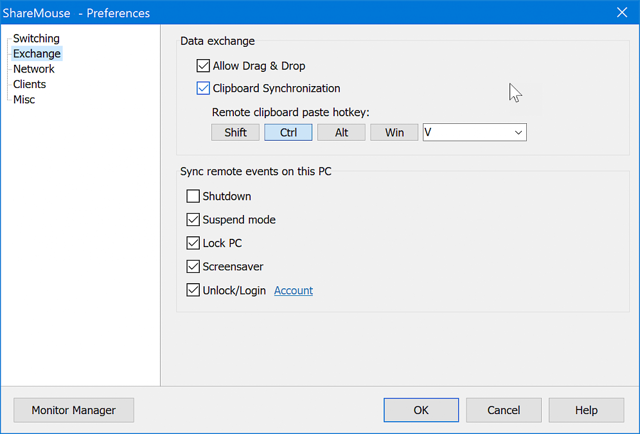 ShareMouse data exchange preferences on Windows.