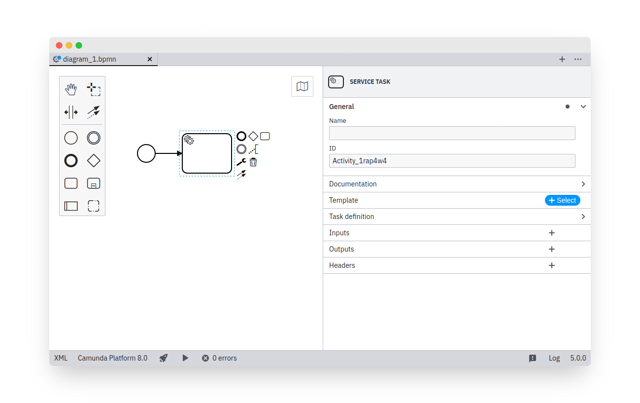 Captura de tela histórica oficial do Modeler 5.0 no estilo macOS: edição de tarefas de serviço BPMN.