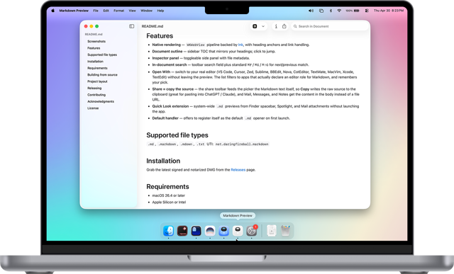 Official Markdown Preview reading-window example in a MacBook composition; exact build not specified.