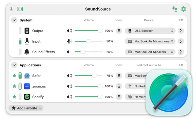 Официальный интерфейс SoundSource для Mac с управлением звуком для каждого приложения.