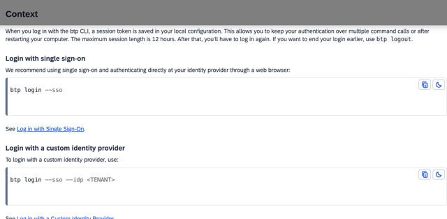 SAP BTP CLI login commands — screenshot excerpt from the official operation documentation