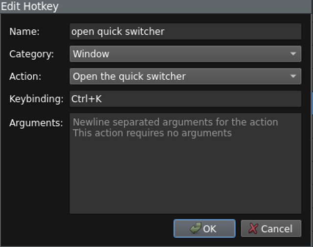 Official wiki screenshot of the hotkey editor with a quick-switcher shortcut.