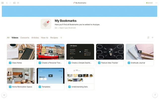 Official historical Anytype desktop screenshot (2022): My Bookmarks gallery with video cards