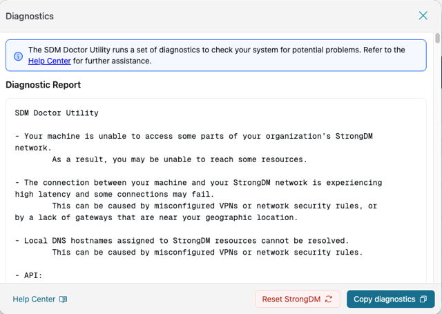 StrongDM desktop client diagnostics report.