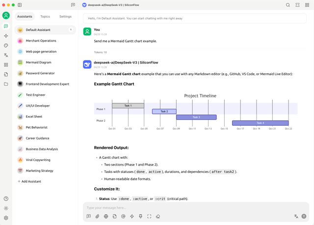 Official README screenshot showing assistants and a model conversation rendering a Mermaid Gantt chart.