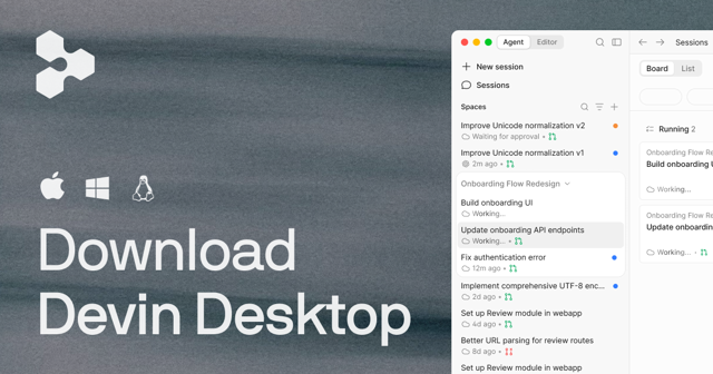 エージェントセッションとボードUIを紹介するDevin Desktopの公式プロモーションです。アプリケーションのバージョンは未指定です。