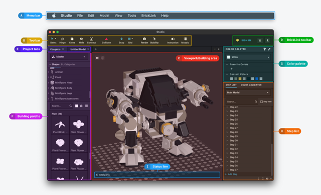 Official annotated Mac build-mode interface with model, parts and step list.
