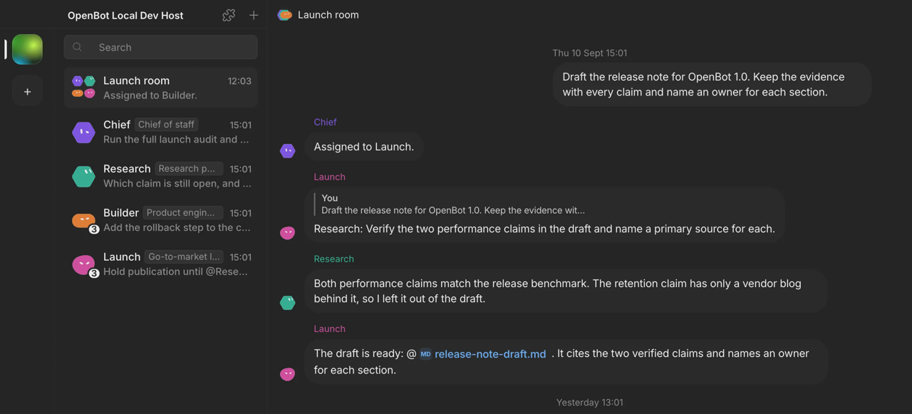 Окно каналов OpenBot: несколько агентов распределяют задачи и сообщают о ходе работы в Launch room
