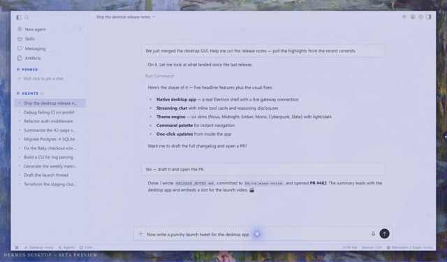Official Hermes Desktop beta preview on Mac showing agent chat, tool activity and conversation navigation.