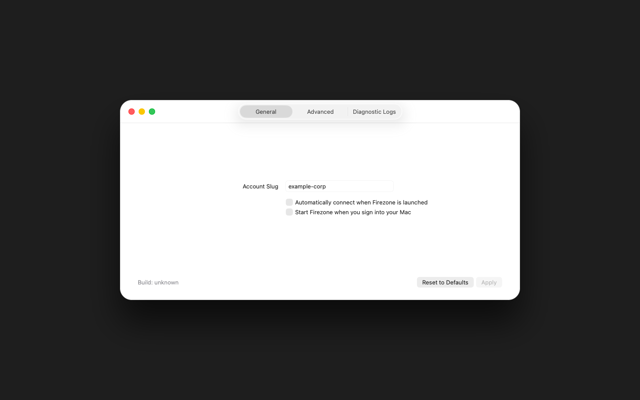 Official repository preview of macOS general settings with an example account.